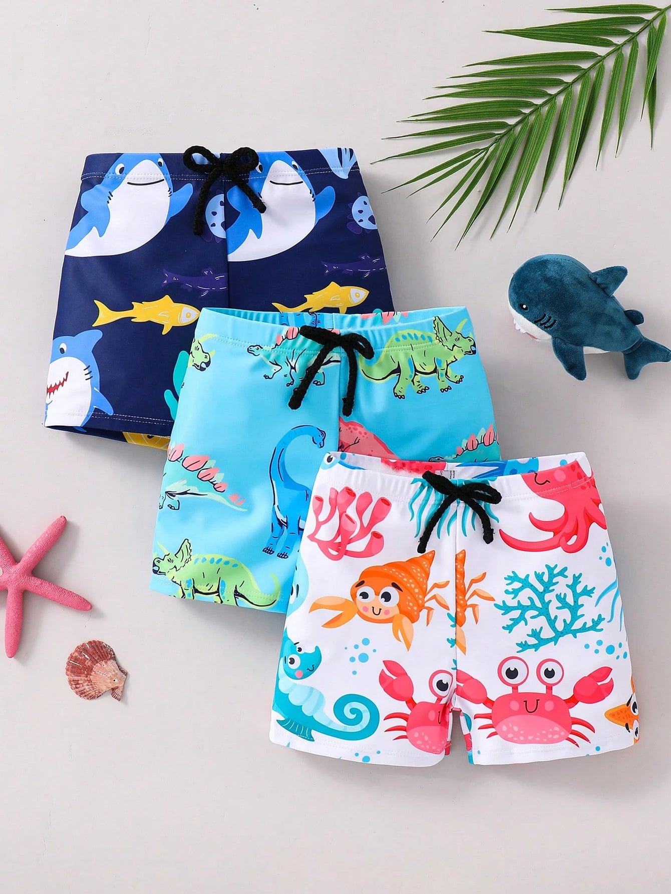 3pcs Young Boy Leisure Vacation Net Color Dopamine Dinosaur Shark Print Color Loose Woven Beach Swimsuit Multi Piece Set, Three Color Three Pieces Set Shorts Swimsuit Beach Swimming Beach Surfing Vacation Spring And Summer