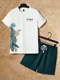 Manfinity VCAY Men Slogan & Tropical Print Tee & Drawstring Waist Shorts Summer Outfit, Cozy Outfits, Couple Things