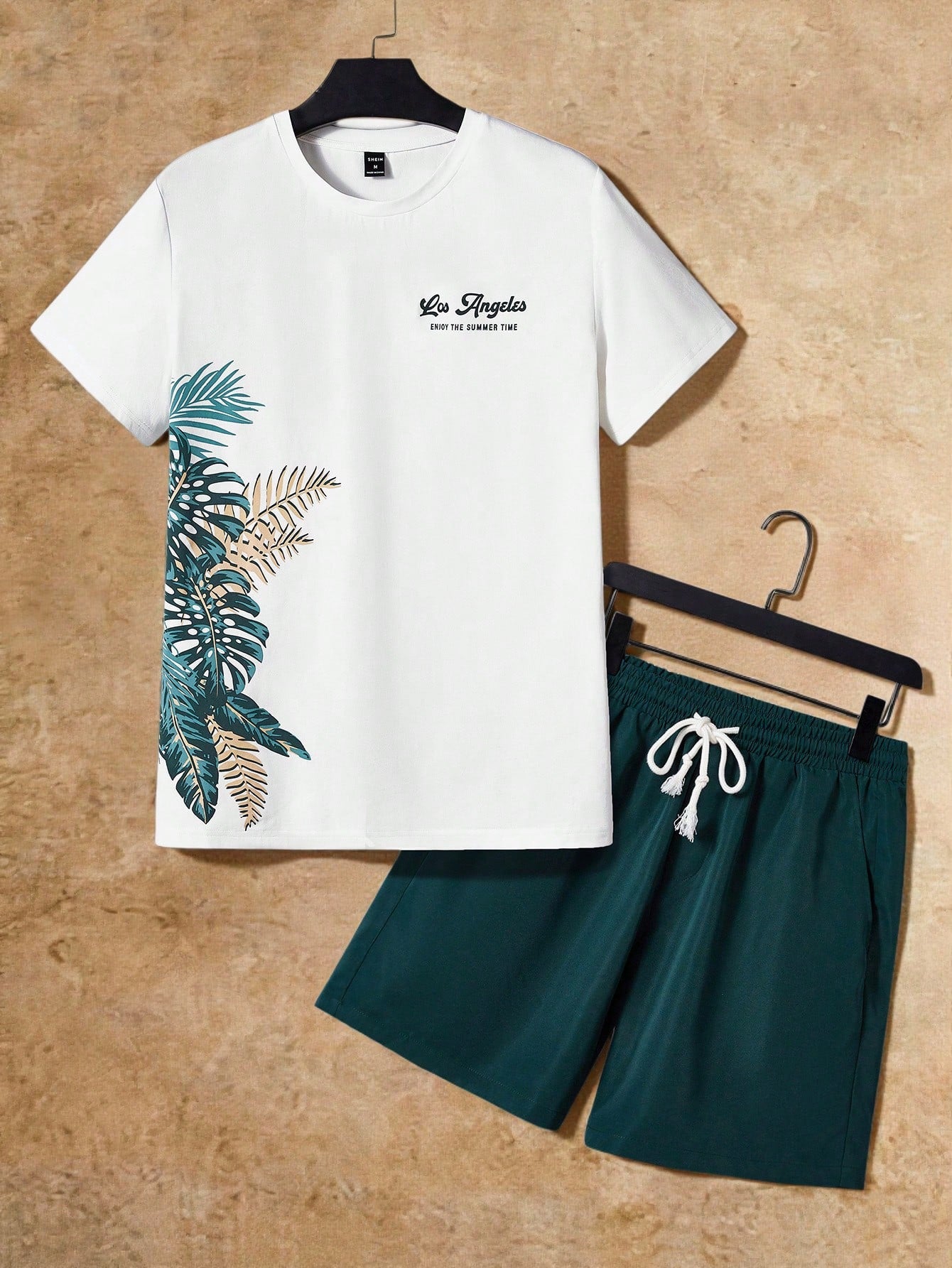 Manfinity VCAY Men Slogan & Tropical Print Tee & Drawstring Waist Shorts Summer Outfit, Cozy Outfits, Couple Things