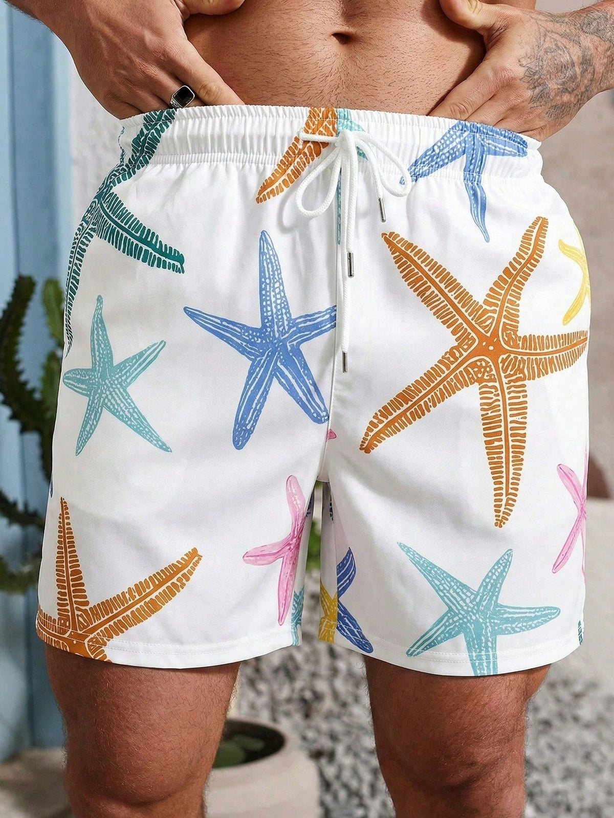 VIVINTIMO Men's Elastic Waist Drawstring Casual Starfish Print Beach Shorts, Summer Holiday / Vacation / Beach / Hawaii / Tropical / Swim /  Bathing