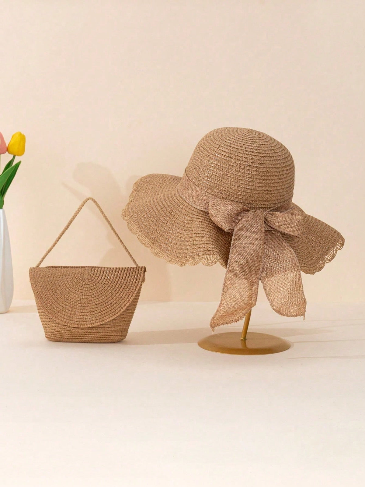 2pcs Women Khaki Wavy Bow Beach Sun Hat & Straw Crossbody Bag Set, Suitable For Vacation,Summer