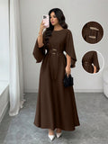 SHEIN Raffinéa Women's Elegant Refined Commute & Casual Batwing Sleeve Cinched Waist Dress, Khaki Color, Spring/Summer