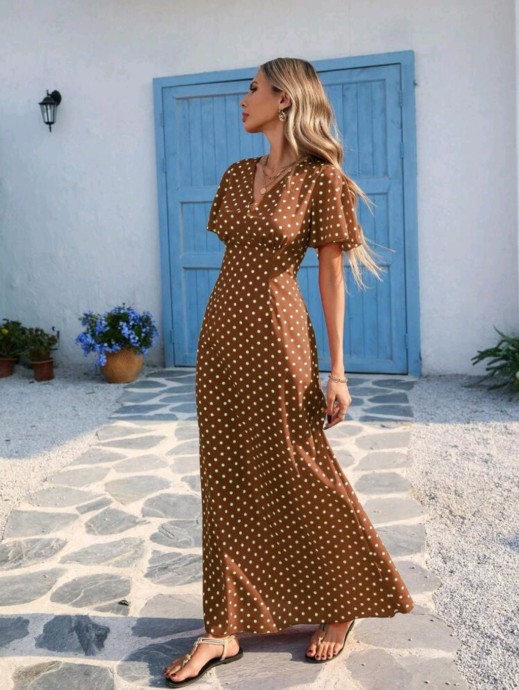 Vivid Eden Wave Pattern V-Neck Short Sleeve Fitted Women's Dress Spring And Summer Outfits, Summer Clothes, Valentine Day, Vacation Outfits Woman, Beach Outfits For Woman, Festival, Romantic And Elegant Clothing, Bohemian, BOHO, Sweet, Rave Outfits Festiv