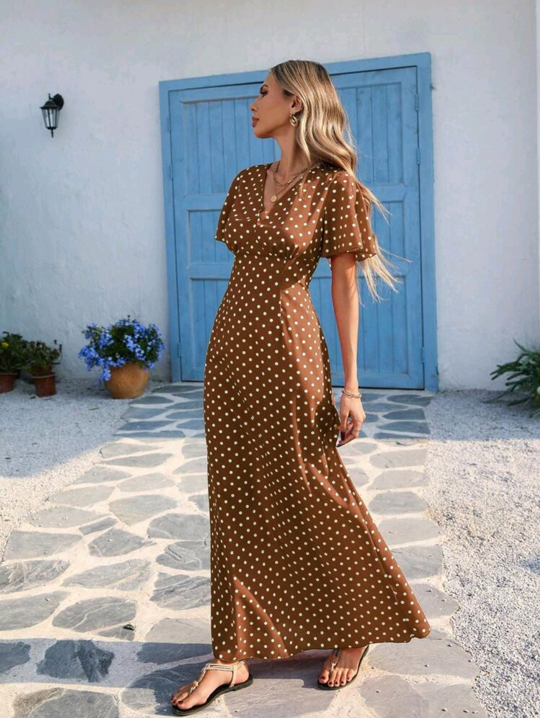 Vivid Eden Wave Pattern V-Neck Short Sleeve Fitted Women's Dress Spring And Summer Outfits, Summer Clothes, Valentine Day, Vacation Outfits Woman, Beach Outfits For Woman, Festival, Romantic And Elegant Clothing, Bohemian, BOHO, Sweet, Rave Outfits Festiv