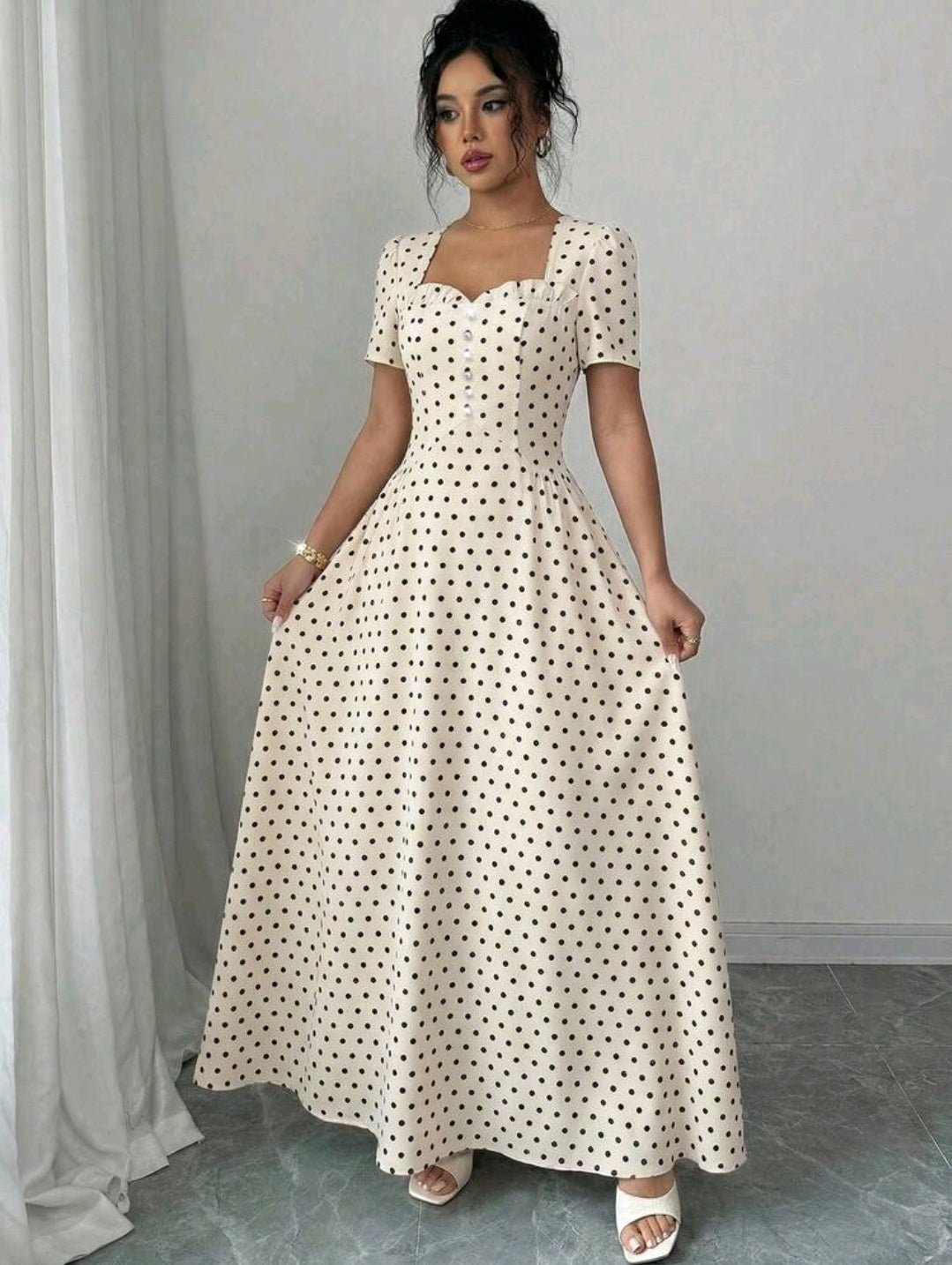 Elenzga Women's Elegant Romantic Polka Dot French Square Collar Puff Sleeve Cinched Waist Flowing Dress