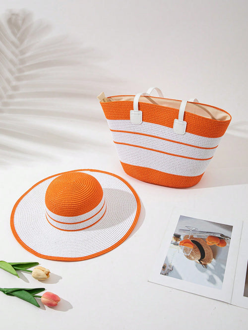 1 Piece Contrast Color Striped Straw Hat + 1 Piece Straw Bag