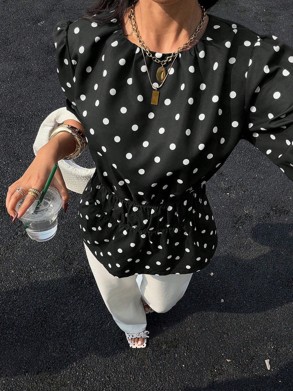 Siren Gaze Women's Round Neck Casual New Polka Dot Petal Sleeve Blouse