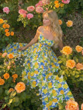 SHEIN MOD Women's Backless Bow-Tie Strap Lemon Floral Dress,Women's Vibrant Lemon Halterneck Midi Dress For Summer Picnics And Garden Parties,Resort Wear,Vacation Dress Tropical,Garden Party Dress,Halter Dress,Lemon Dress Women,Vacation Outfits Woman, Boh