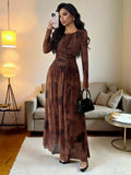 Rafferiza Women's Elegant Tie Dye Print Mesh Elastic Waist Ruched Flared Hem Long Sleeve Dress