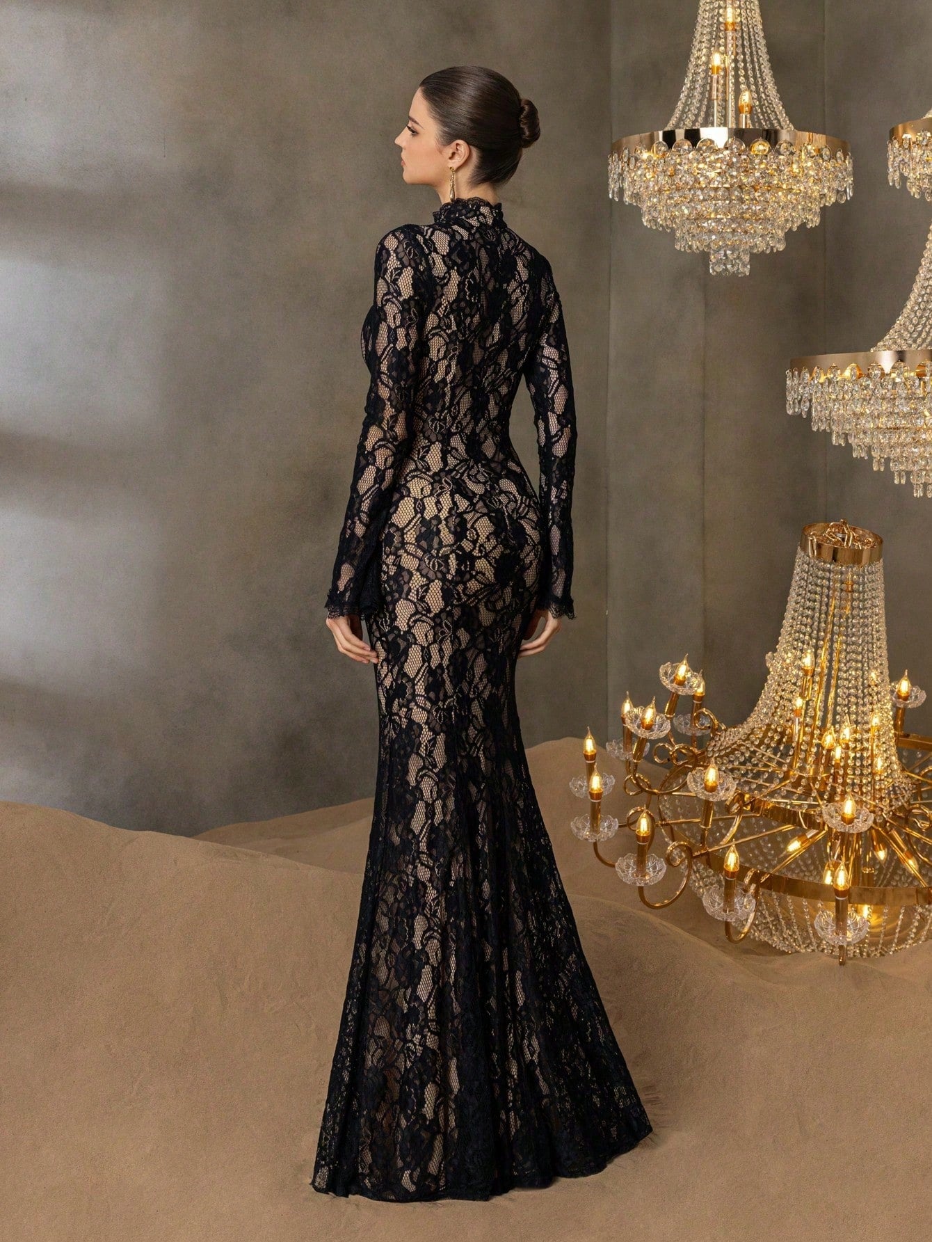 Faeriesty This Elegant Women's Formal Evening Gown Features A Sophisticated Stand Collar, Long Sleeves, And A Captivating Mermaid-Style Skirt, Making It Suitable For Grand Weddings, Luxurious Ballroom Galas, High-End Corporate Events, Exclusive Charity Di