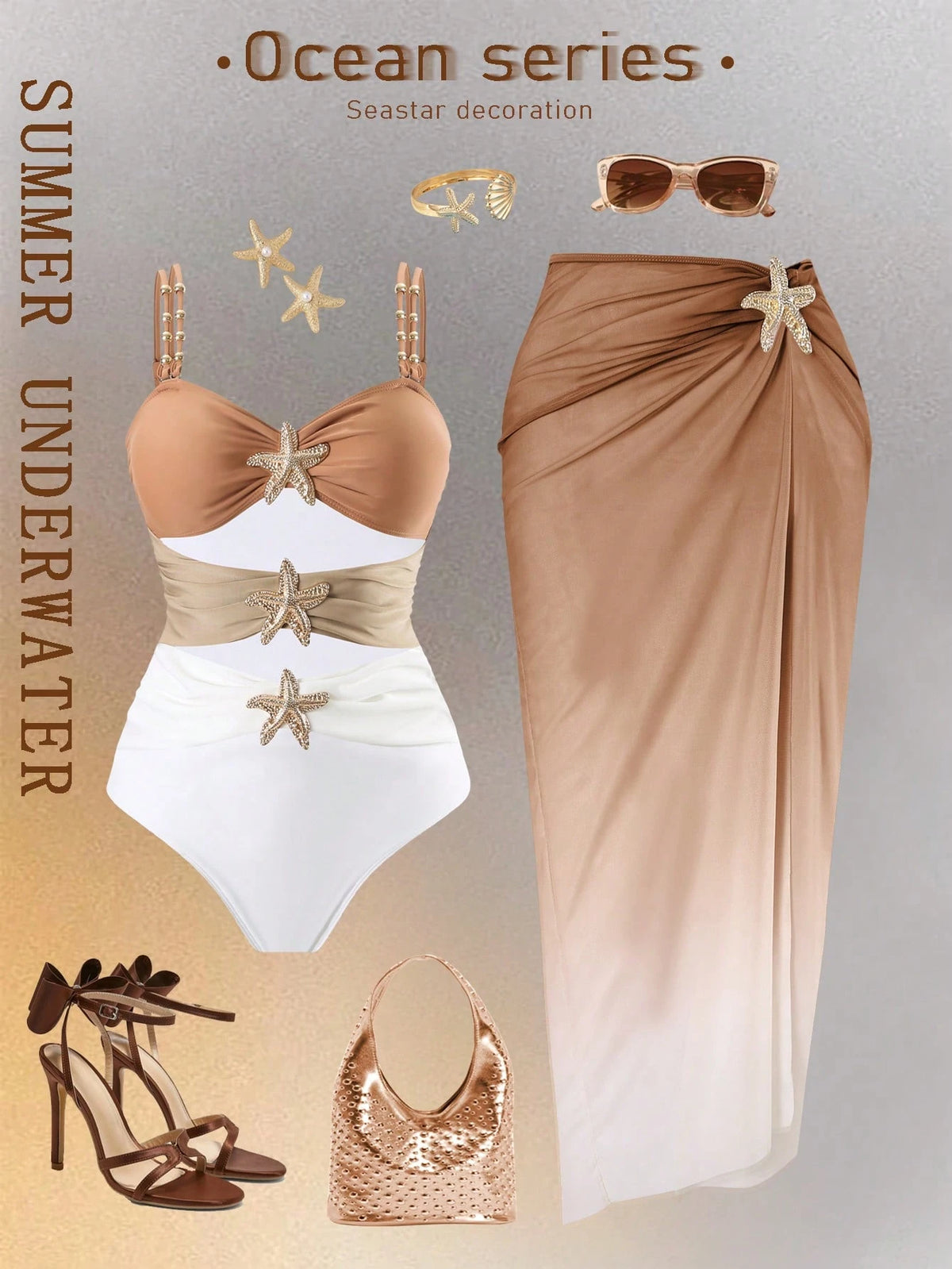 Swim Oasis Plus Size One-Piece Swimsuit, 2pcs Set, Multicolor Metal Starfish Decor, Minimalist Design, Women Summer Beach Vacation Outfit
