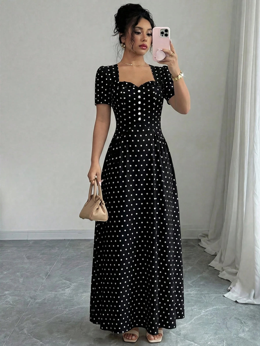 Elenzga Women's Elegant Romantic Polka Dot French Square Collar Puff Sleeve Cinched Waist Flowing Dress