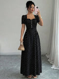 Elenzga Women's Elegant Romantic Polka Dot French Square Collar Puff Sleeve Cinched Waist Flowing Dress