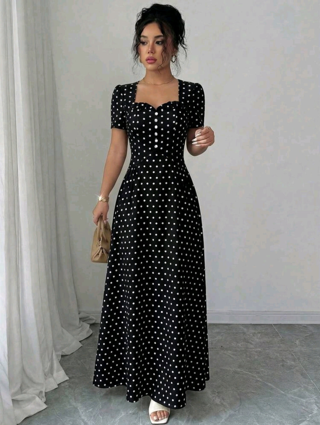 Elenzga Women's Elegant Romantic Polka Dot French Square Collar Puff Sleeve Cinched Waist Flowing Dress