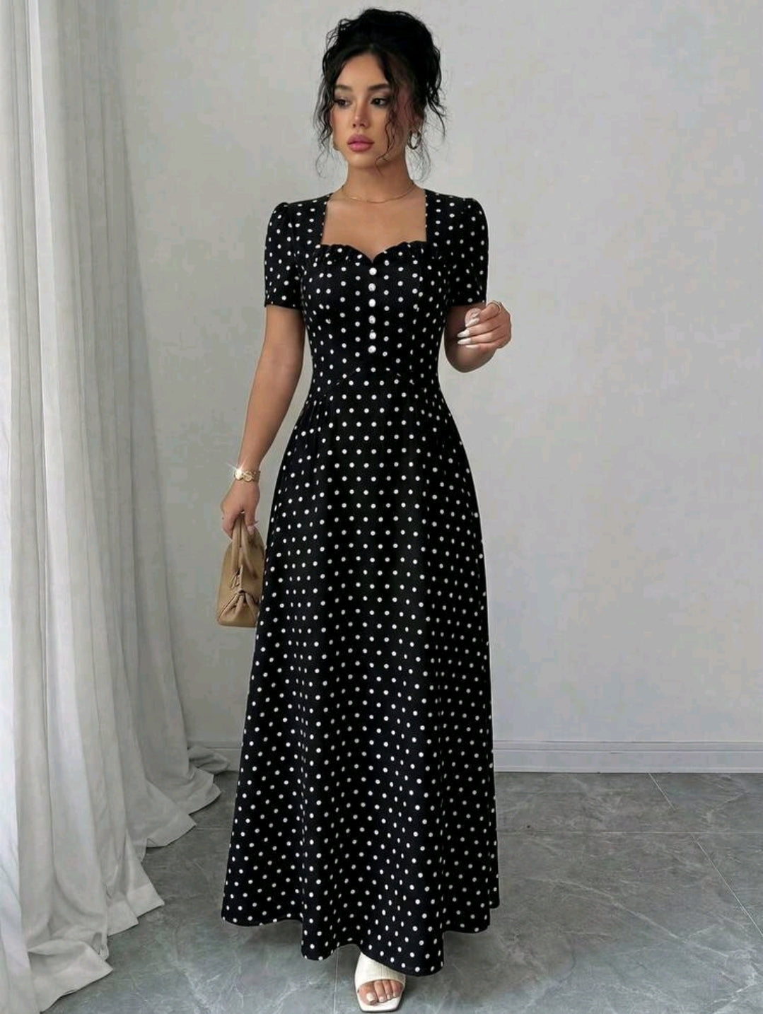 Elenzga Women's Elegant Romantic Polka Dot French Square Collar Puff Sleeve Cinched Waist Flowing Dress