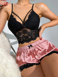 SilkySpell Sexy Lace Hollow-Out Spaghetti Strap Top And Taffeta Shorts Pajama Set