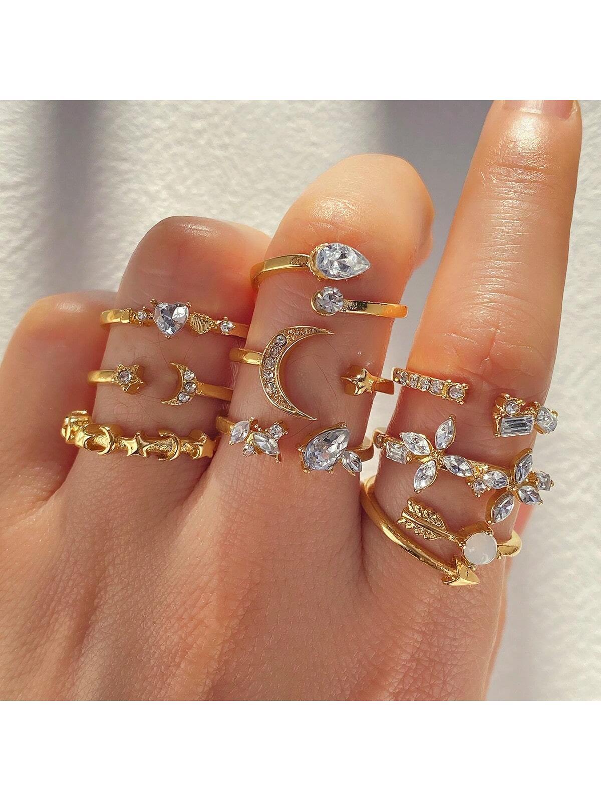 9pcs Water Drop Diamond Star Moon Ring Set