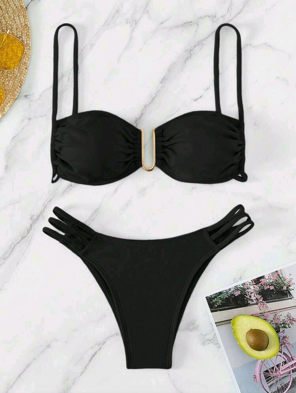 Swim Mod Women's Solid Color Ruched Sexy Bikini Swimsuit Set, U-Shaped Wire