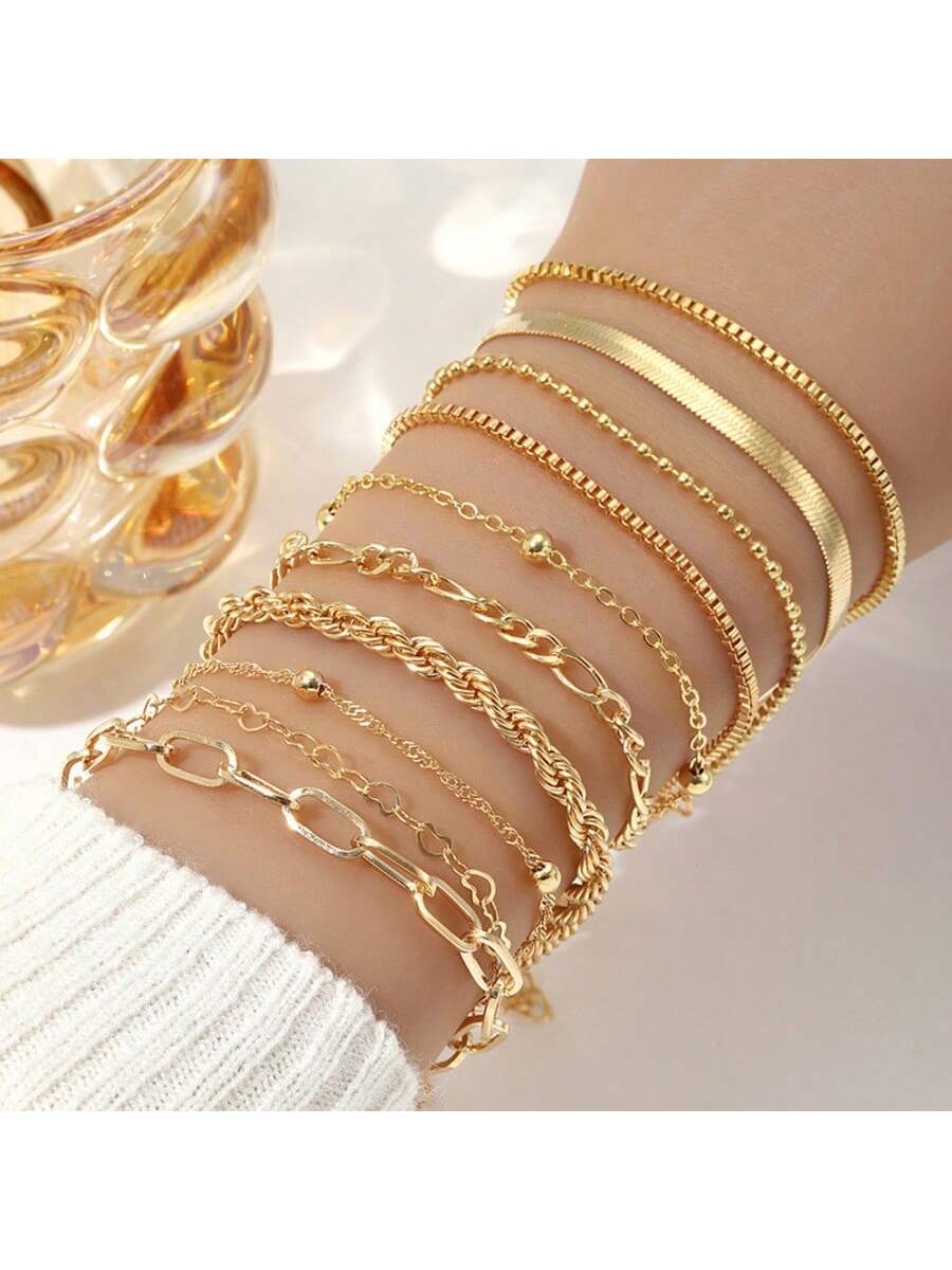 10pcs/Set Fashionable Bohemian Style Women's Metal Bracelet Set, Heart Shaped Beads & Chain Design, Stackable, Ideal Couple's Holiday Gift, Suitable For Daily Wear Or Dates