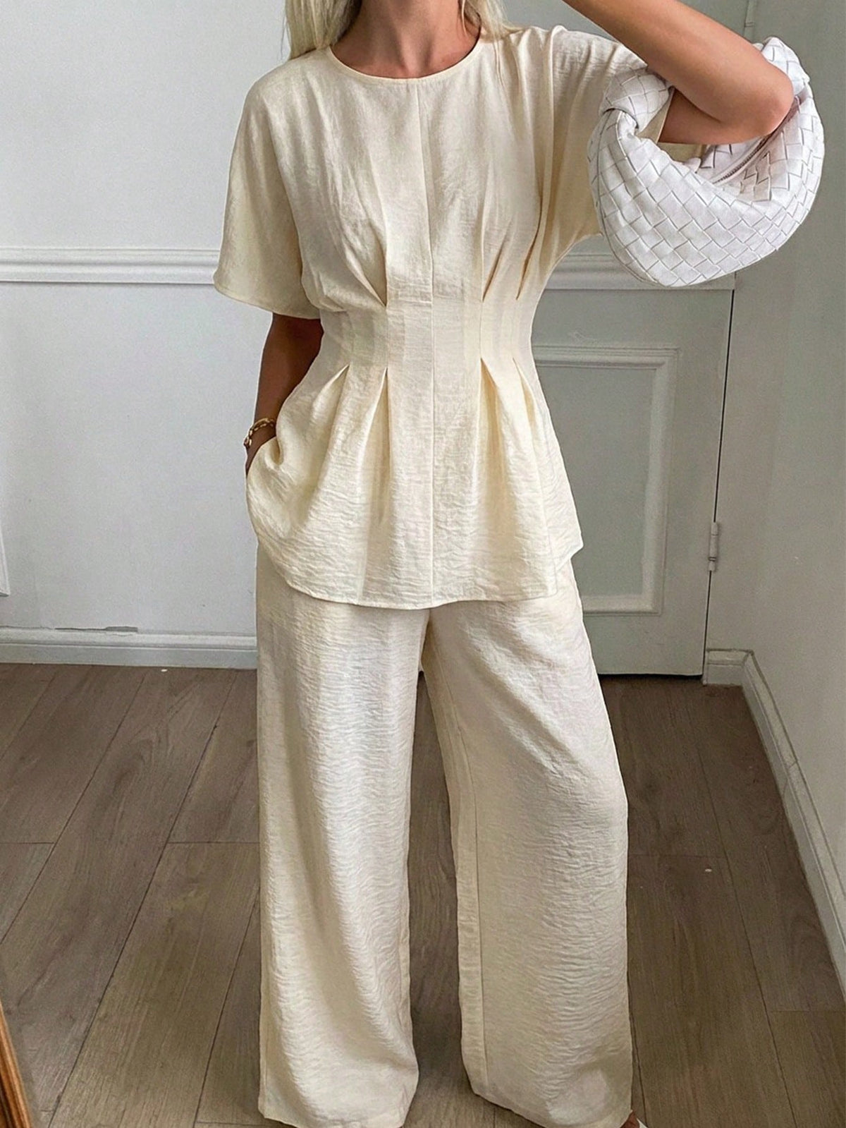 Livesso Loose Cream,Summmer,Elegant,Tea Party Business Casual Ruffled Waist Office Wear Pullover Top And Straight Leg Pants Two Pieces Suit Lounge Sets Women