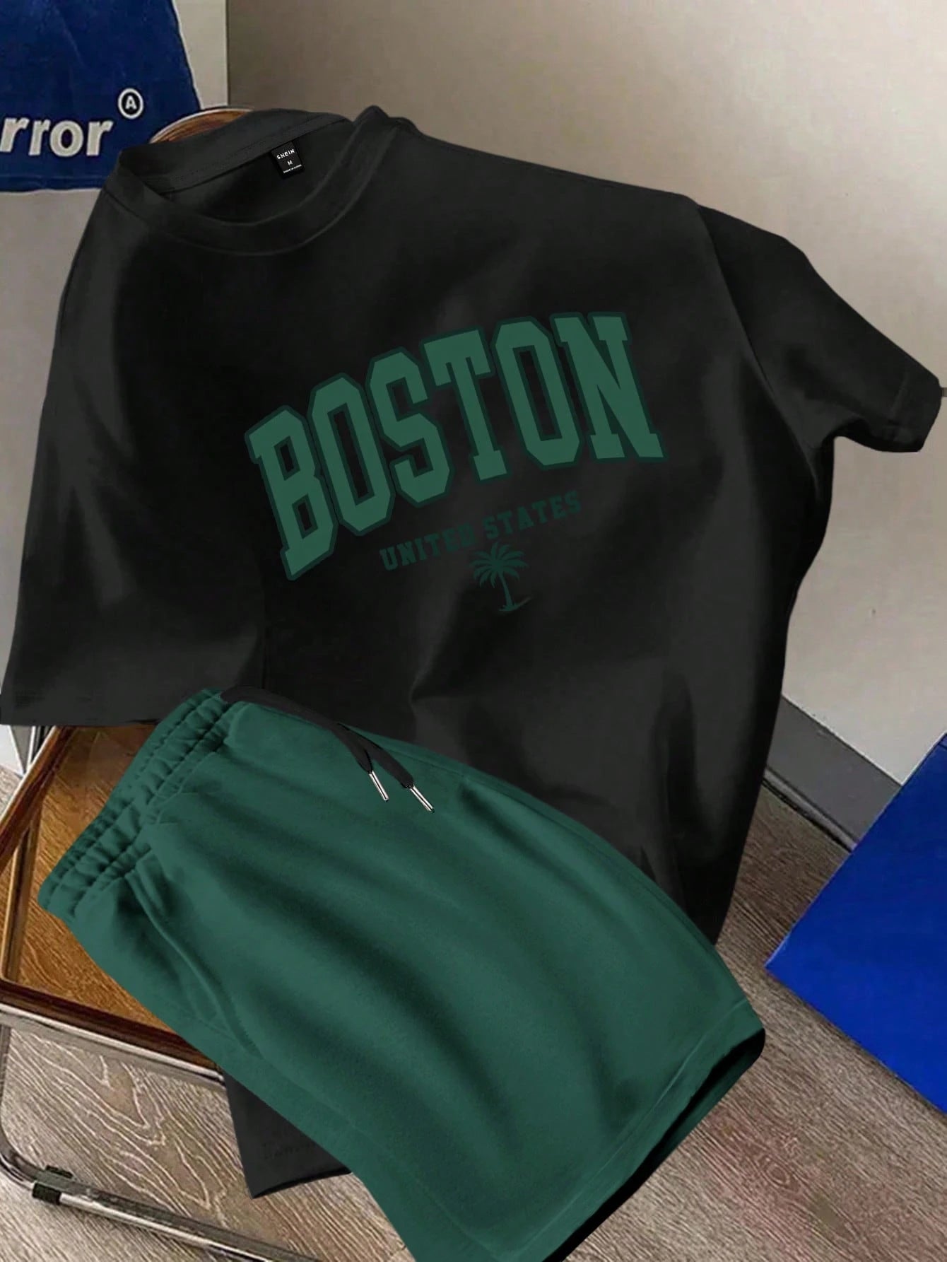 Manfinity Hypemode Standard Size Men's Black Top And Green Bottom T-Shirt Set