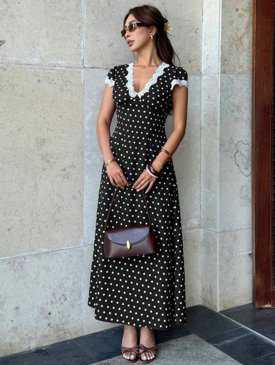 Pariaura Vintage French Wine Red Satin Dress, Women V-Neck Waist Cinched Mid-Length Dress, Elegant Tea Length Dress With Lace, Vacation Vibe