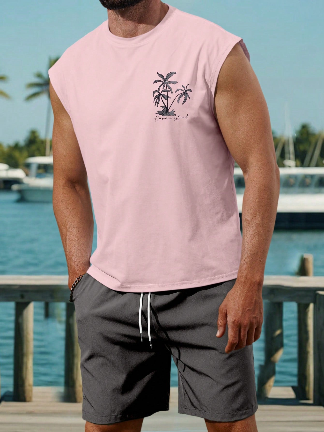 NEOREFINED Men Simple Printing Vacation Style Sleeveless Tank Top And Shorts Set, Cozy Outfits, Holiday