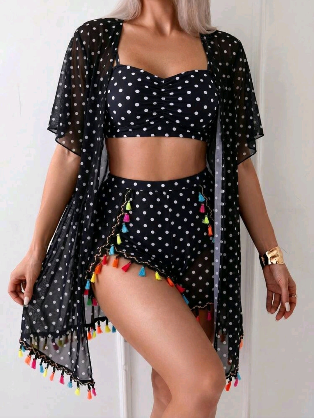 Swim Vcay 4pcs/Set Tassel Cover Up, Swim Trunks, And Basic Bikini Swimsuit Set For Beach Vacation For Summer