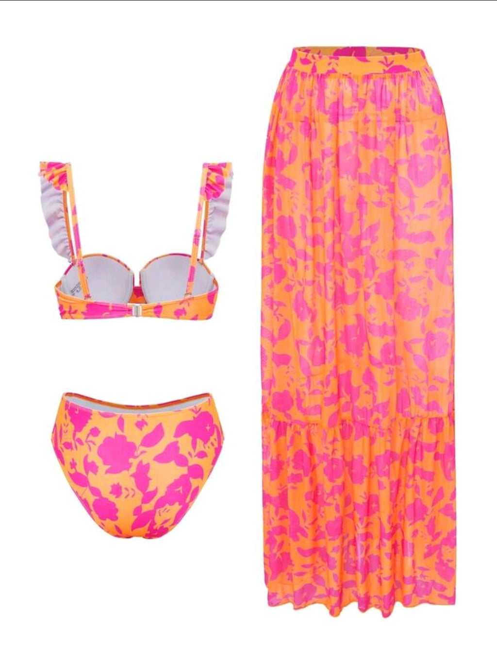 Swim Oasis 3pcs/Set Women's Summer Beach Vacation Sexy Floral Print Push Up Ruffle Strap Top And High Waisted Swimwear With Double Ruffle Mesh Cover Up Maxi Dress Bikini Set