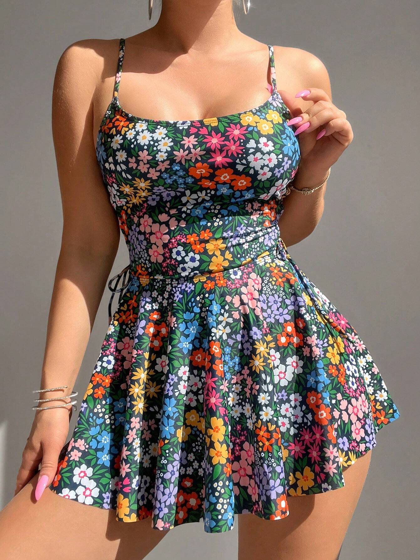 Swim Vcay Holiday Beach Ditsy Floral Spaghetti Strap Dress Tankini Set Summer