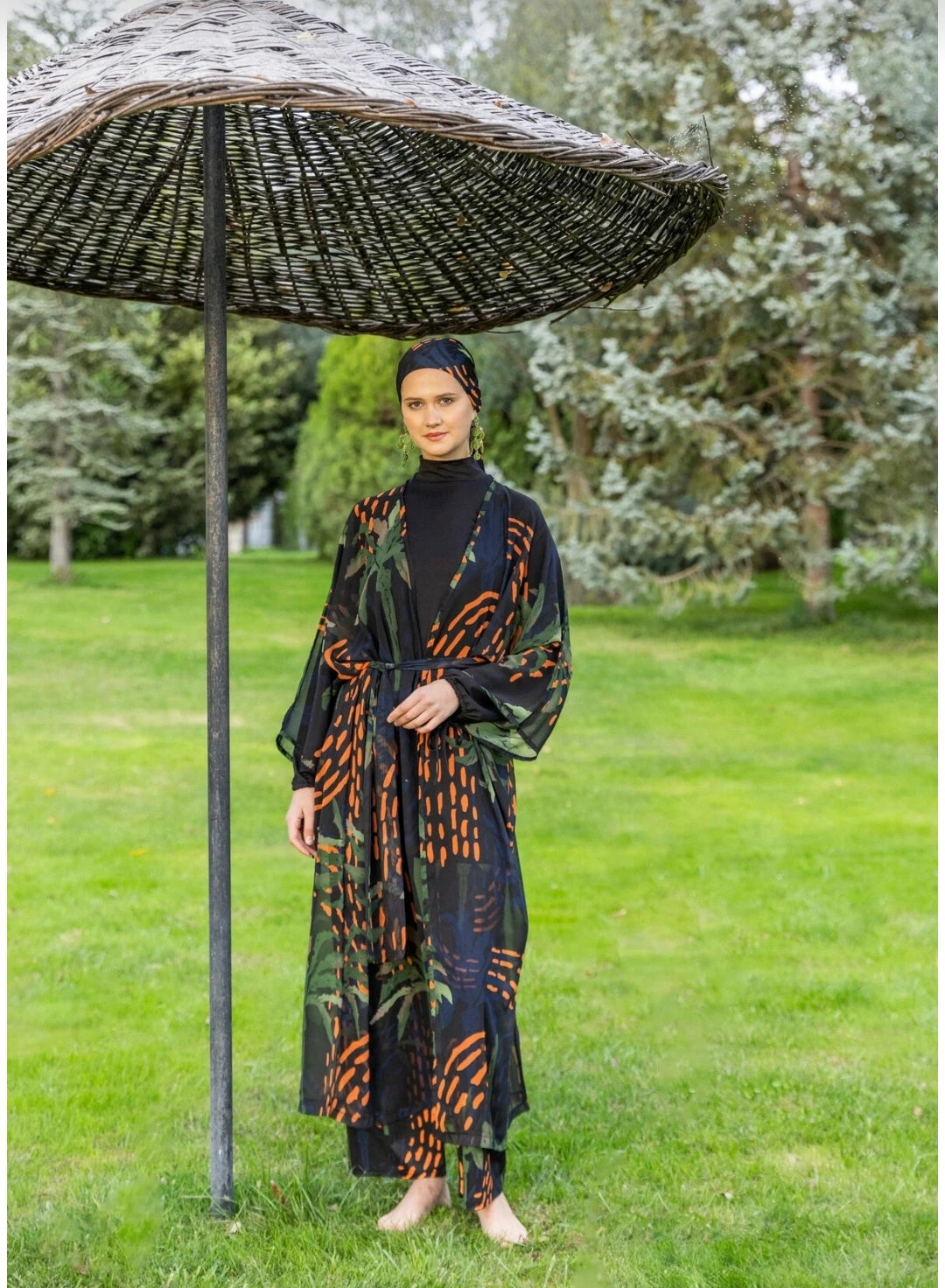 Alfasa 5-Piece Mock Neck Chiffon Woven Comfortable Quick-Drying Palm
Patterned Hijab Swimsuit