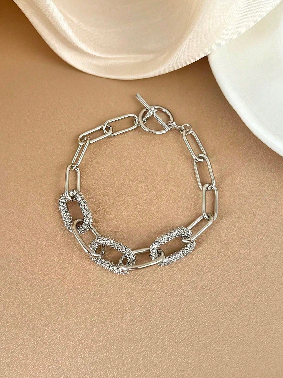 1pc Minimalist Elegant Silver Color Rhinestone Oval Jewelry Chain Bracelet, Suitable For Women's Daily And Festival Wear