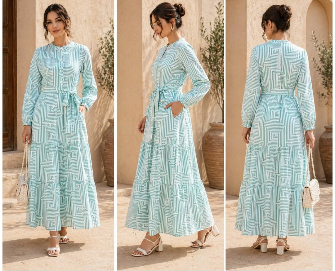 LINELLE Mint Green & White Geometric Printed Tiered Dress