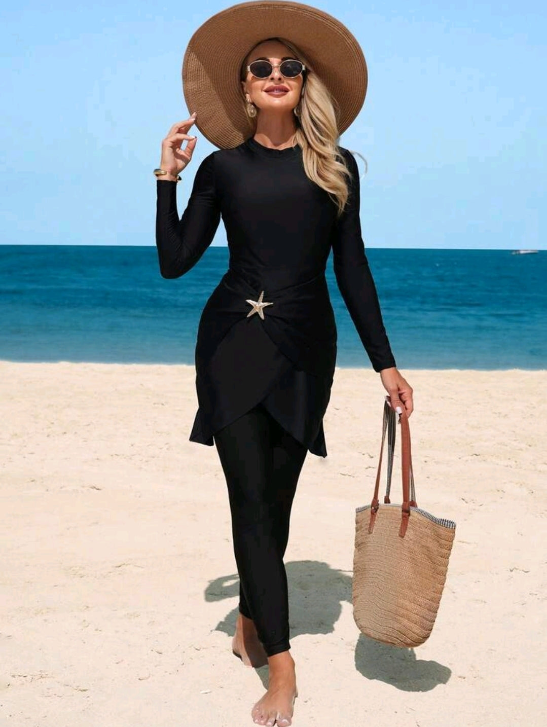 Swim Mulvari 2pcs Set Solid Color High Neck Long Sleeve Top And Modest Pants With Abdominal Decor, Elegant Swimwear