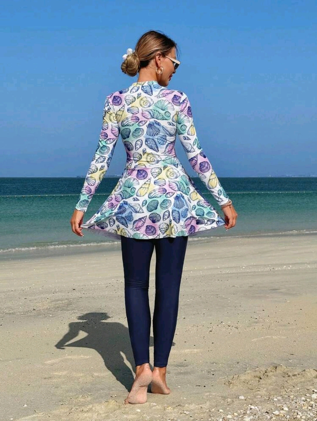 Swim Shayni 2pcs/Set Women's White Base Colorful Seashell Random Print Long Sleeve Half Zip Bodycon Top And A-Line Dress With Leggings, Middle Eastern Ladies Bikini