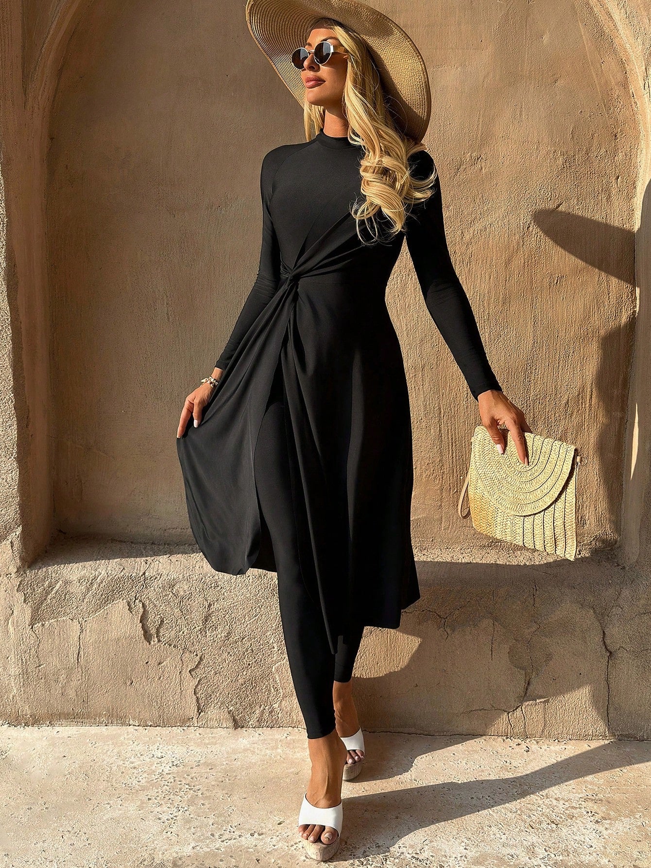 Swim Mulvari 26SS Black Twist Knot Maxi Skirt Burkini, Elegant Beach Resort Wear, Spring/Summer,2026 New Women's Swimwear ArrivalFor School,Suitable For Holiday, Date, Afternoon Tea, Western, Cruise, Beach, Island, Road Trip, All Seasons, Music Festival,
