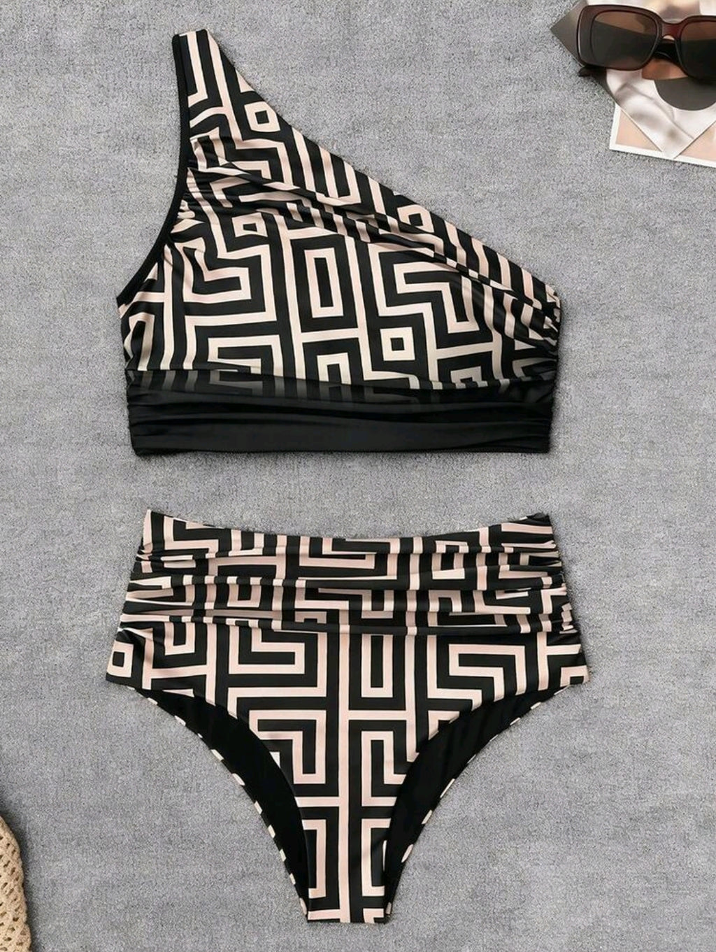 Swim Chiccia Women's Fashion Beach Outfit, Geometric Gradient Print Bikini Set, Oblique Shoulder Beach Party Vacation Elegant Bikini, High Waist Ruched Bodycon Bikini Two Pieces Swimwear