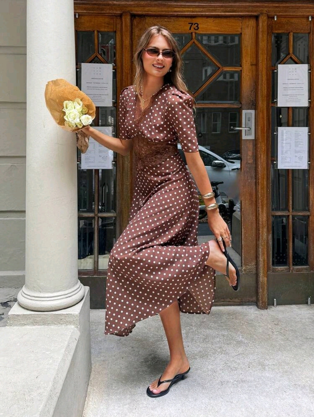Serisse Women's Polka Dot Contrast Lace V-Neck Petal Sleeve Dress,French Summer Brown Vintage Polka Dot Lace Patchwork Short Sleeve Mid-Length Dress, Waist Cinching Slimming, Elegant Streetwear/Date Outfit Best Seller, Brown Polka Dot Dress, Brown Summer