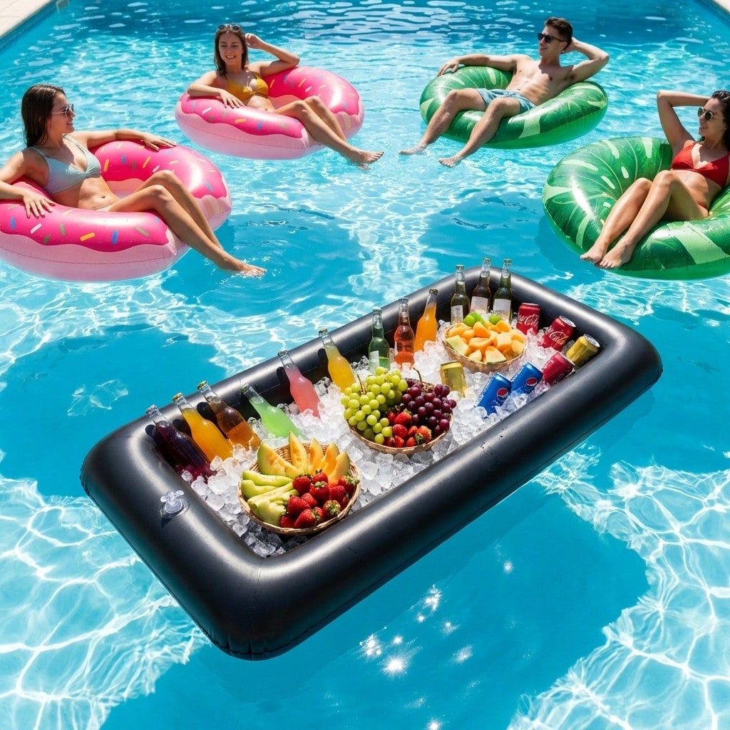 1pc Inflatable Ice Bucket, Made Of PVC Material, Random Black Or White Color, Suitable For Picnic, Camping, BBQ, Pool Party, Outdoor Use, Floating Pool Ice Bucket, Water Drainage Plug, Salad Bowl, Beverage Container, Portable Cooler