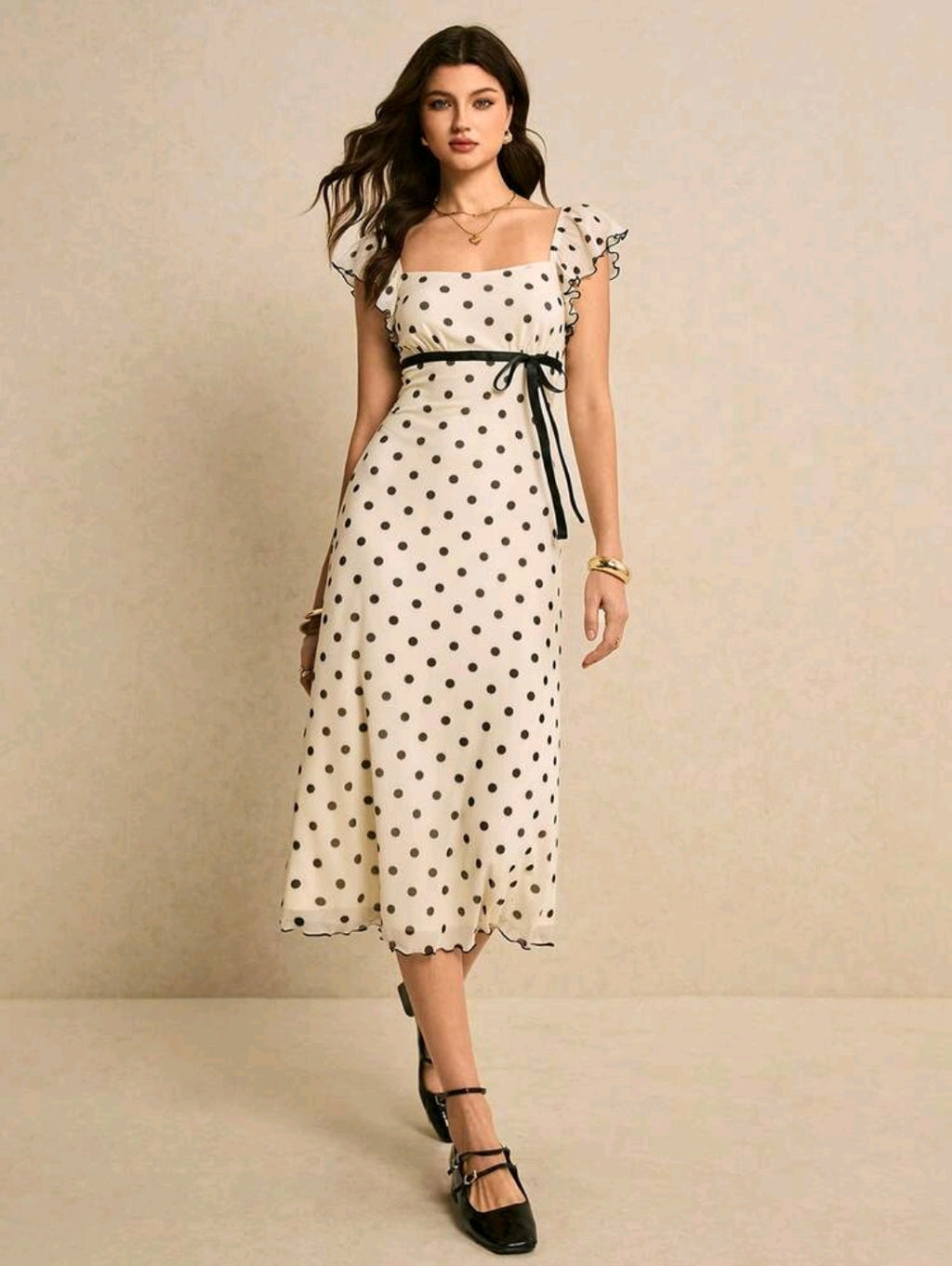 Poéselle Women's Fitted Midi Polka Dot Dress With Square Neck Short Sleeves And Zipper Detail Elegant Apricot Knitted Fabric