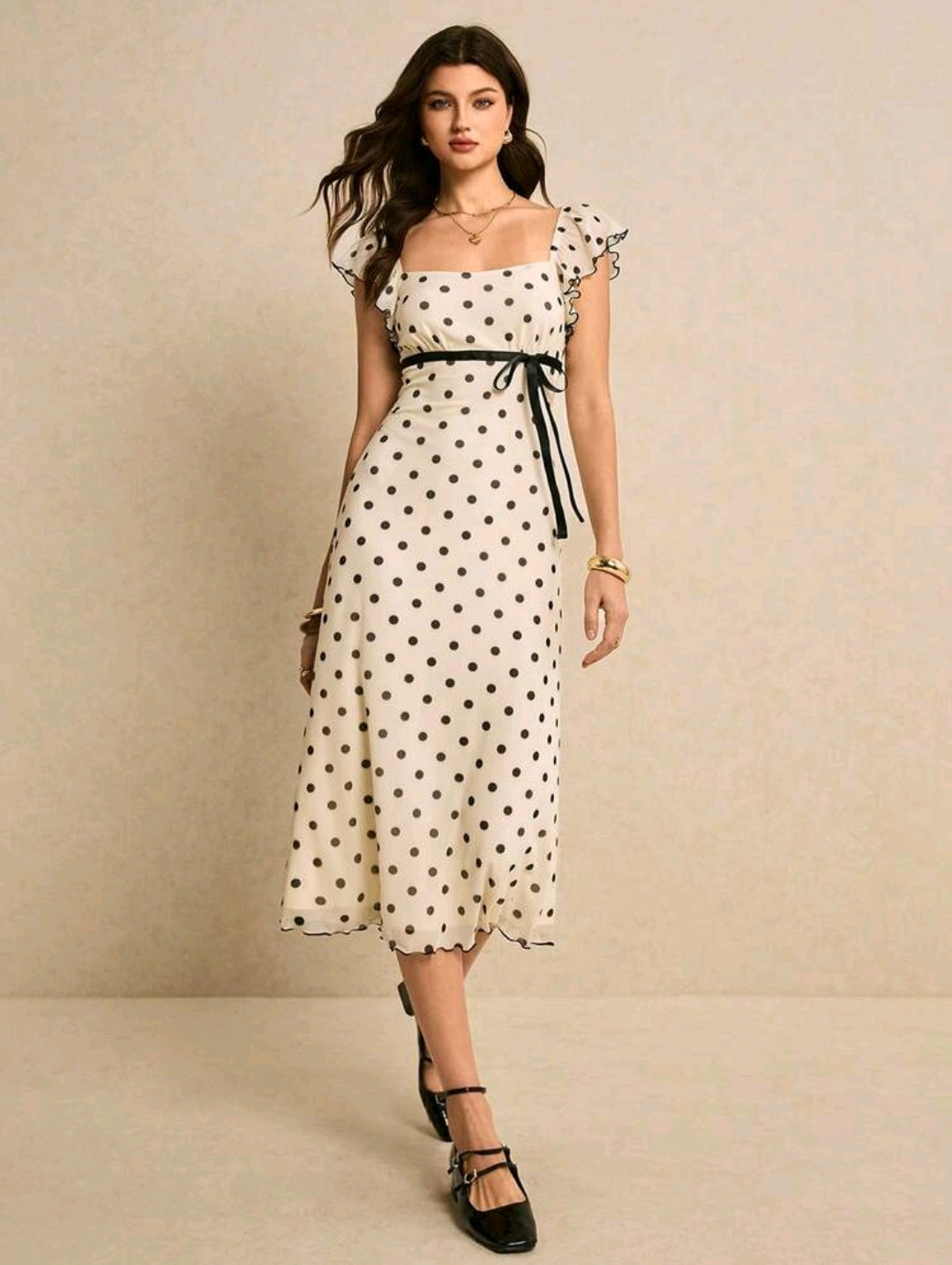 Poéselle Women's Fitted Midi Polka Dot Dress With Square Neck Short Sleeves And Zipper Detail Elegant Apricot Knitted Fabric
