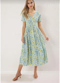 Yellow Floral Printed Double Breasted Stretchy Skater/
Waist Cut Midi Knitted Dress Twoss24El00417