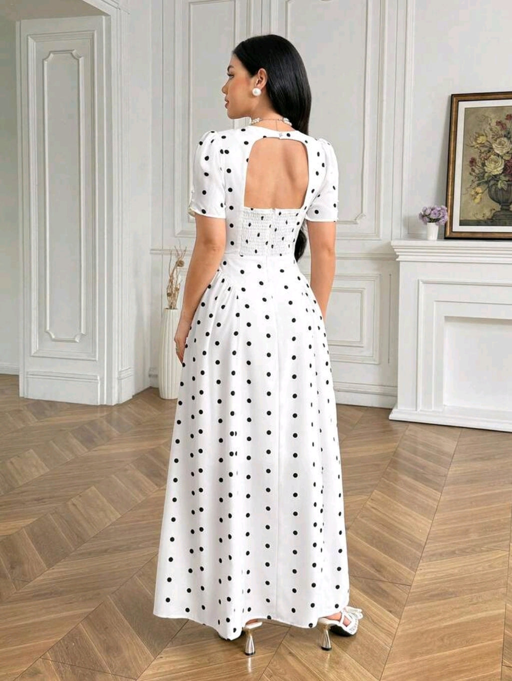 Modelyn Women's Elegant French White And Black Polka Dot Print Backless Long Dress, Summmer Tea Party