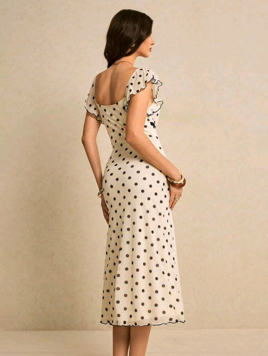 Poéselle Women's Fitted Midi Polka Dot Dress With Square Neck Short Sleeves And Zipper Detail Elegant Apricot Knitted Fabric