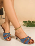 SDEMIN Fashionable Elegant Women's Kitten Heel Sandals, Round Toe Metal Buckle Print Slip On Heeled Sandals, Minimalist Versatile Comfortable High Heels For Summer, Business Chic, Daily Wear, Casual, Party, Date Night