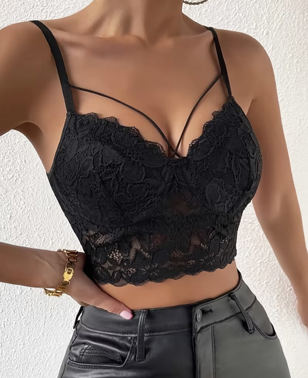 Women' Sexy Sheer Lace Spaghetti Strap Crop Tube Top - Semi-Sheer Stretchable High Elasticity Blouseable Suitable for Evening Dates, Parties, Night Out - Solid Color Lace Trimmed Tank (No Padding, Machine Washable)