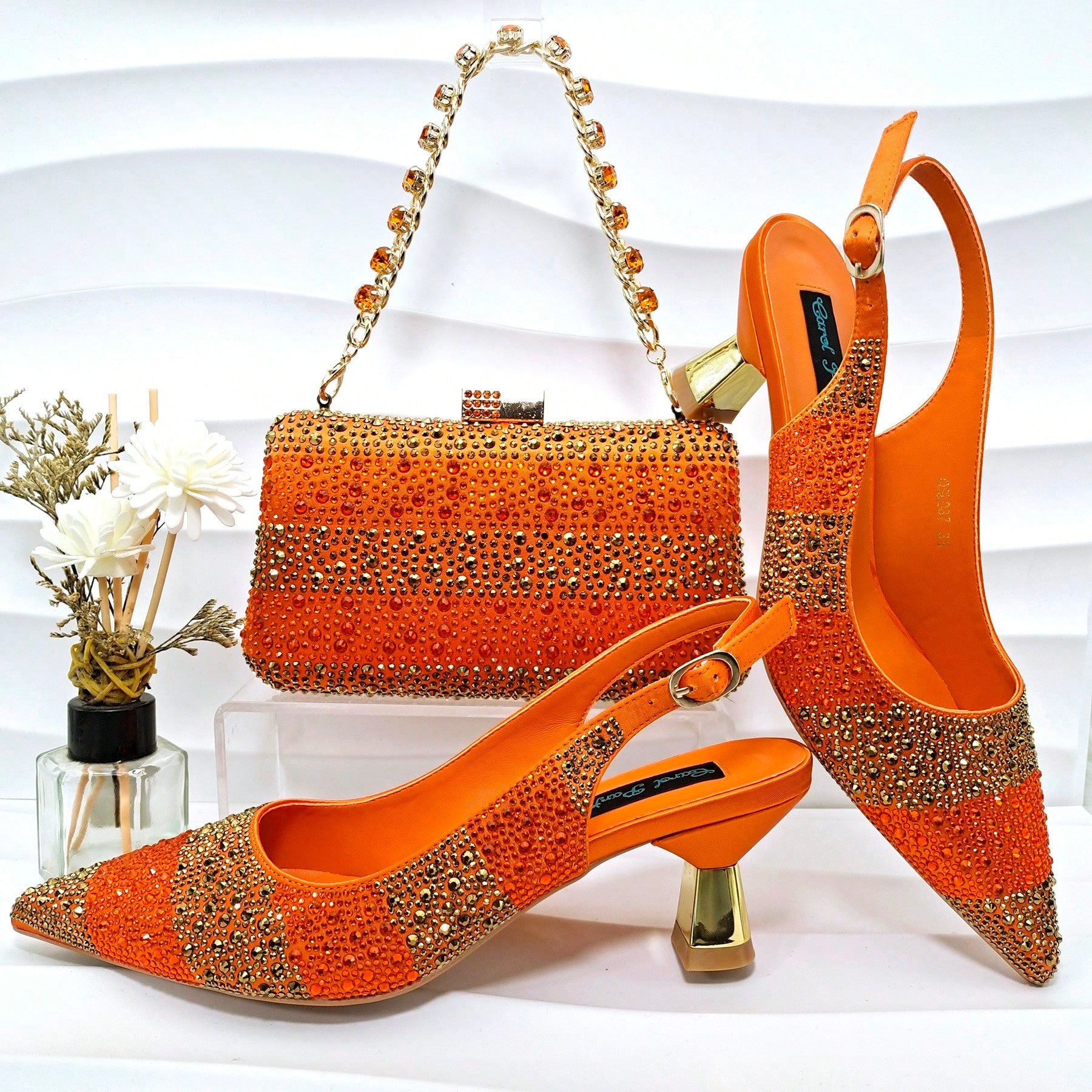QueenaYan Women's Shoes And Bag Set, Fashion Minimalist Striped Color Block Rhinestone Embellished Pointed Toe High Heels With Hard Box Clutch Bag, Suitable For Banquet And Party Occasions