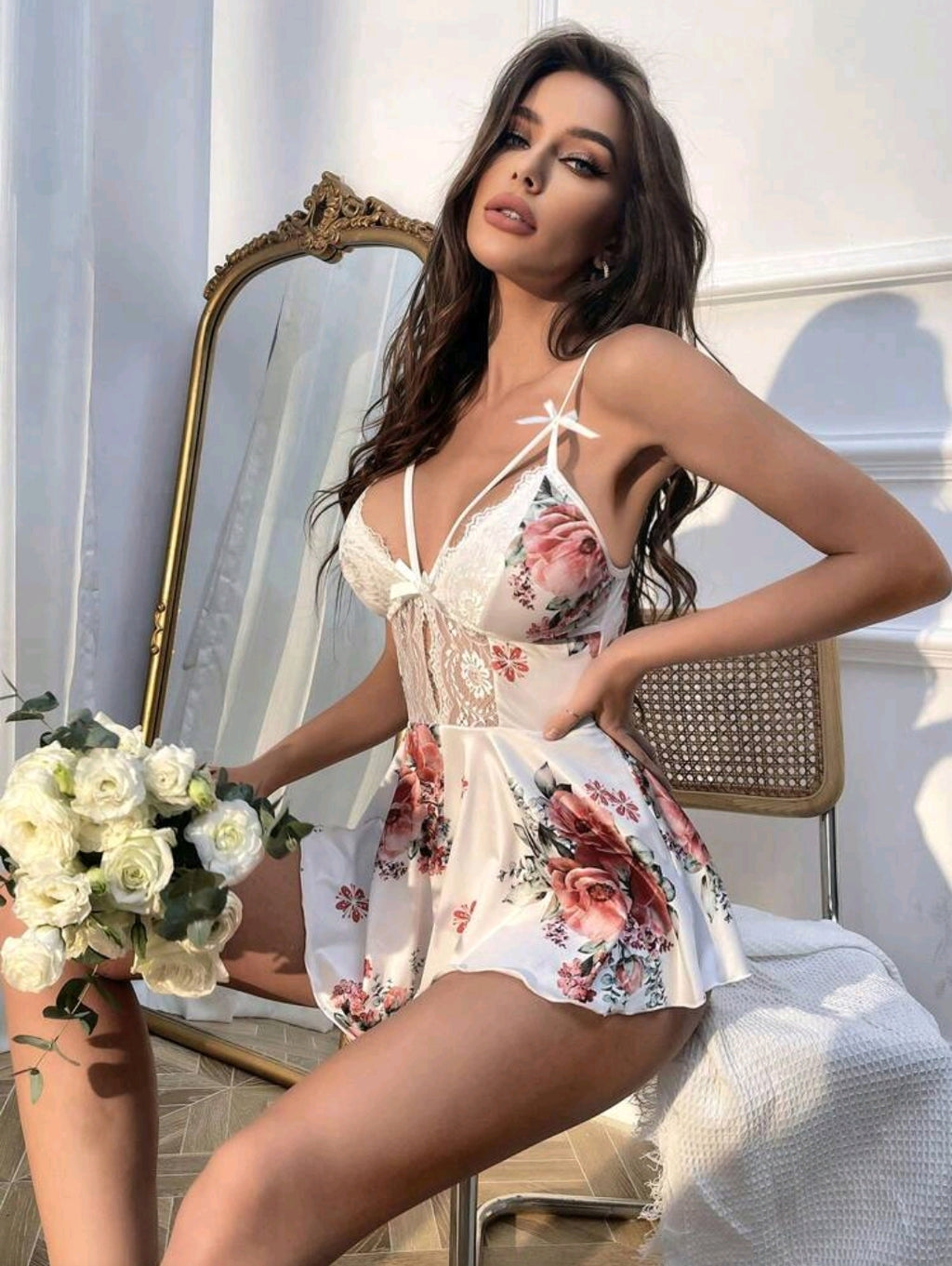 Slumberist Floral Print Contrast Lace Cami Romper Bridallingerie