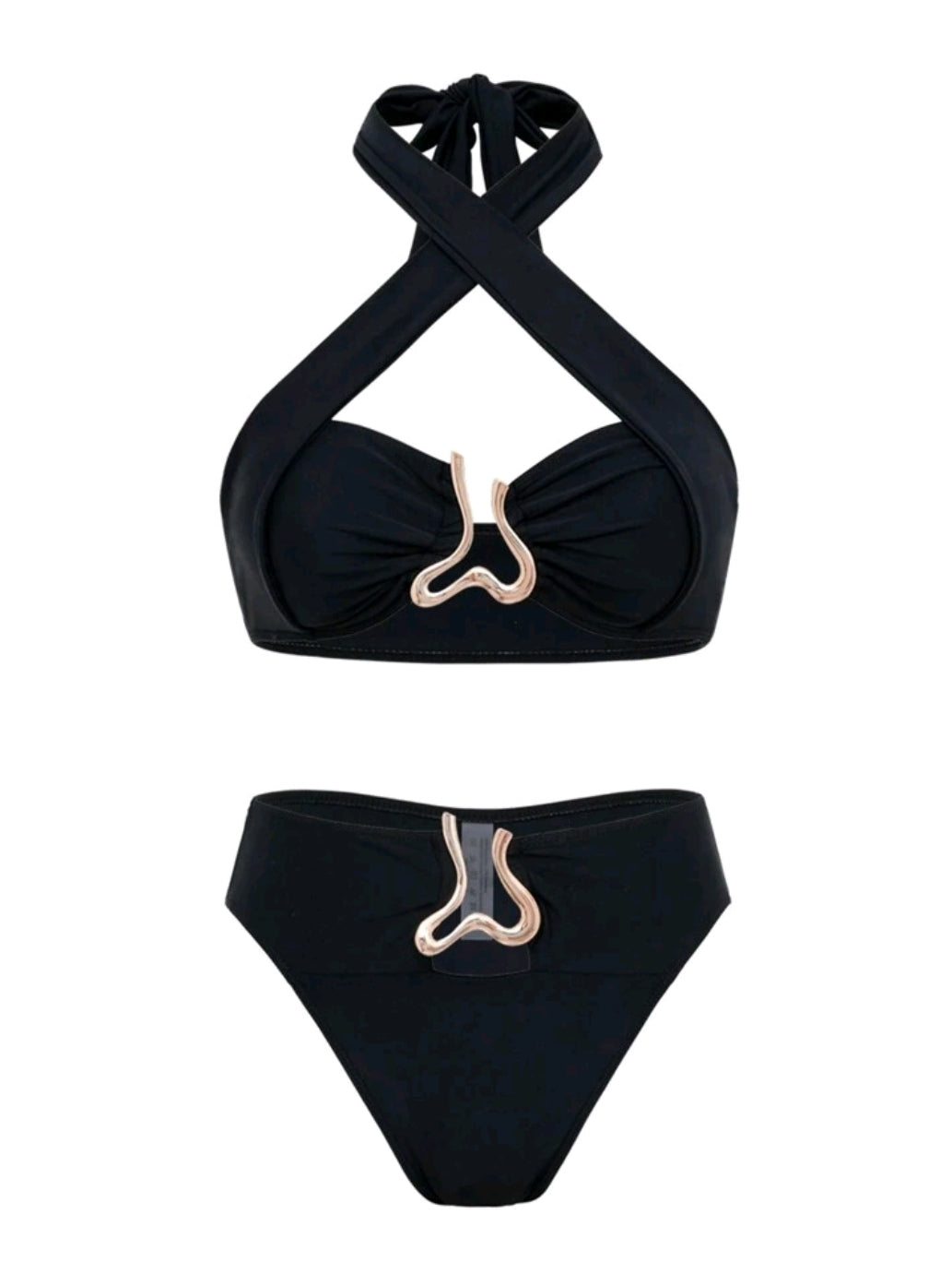 Swim SXY Springbreak Sexy Solid Gold Color Accessory Bandeau Halter High Waist Bikini Set, Summer Holiday Beach Festival Boho