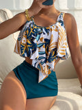 Swim Lushoire Tropical Print Ruched Bikini Sets,Summer Beach